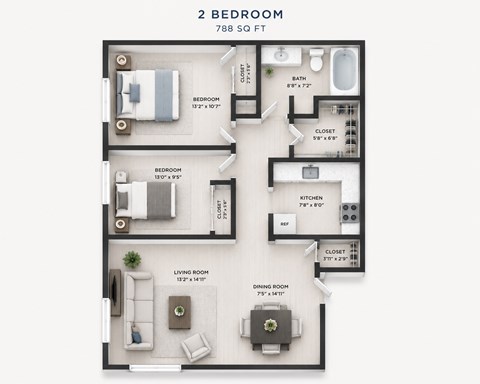 Floor plan for 2 beds, 1 bath, 788 sqft